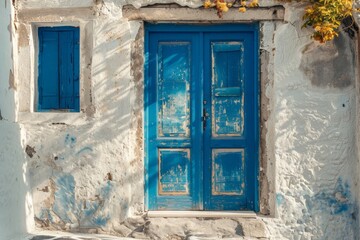 Traditional Greek White Houses with Colorful Doors in Megalochori Village - Santorini Island, Greece. Beautiful simple AI generated image in 4K, unique.