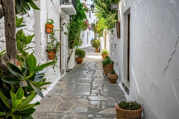 Traditional Greek White Houses with Colorful Doors in Megalochori Village - Santorini Island, Greece. Beautiful simple AI generated image in 4K, unique. - obrazy, fototapety, plakaty