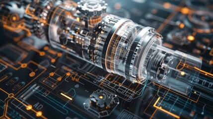 Engineering schematics with a transparent 3D engine model overlay, showcasing the complexity of mechanical design, close-up