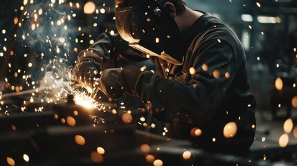 Focused welder in a busy fabrication shop, using advanced techniques to weld metal works efficiently, close-up