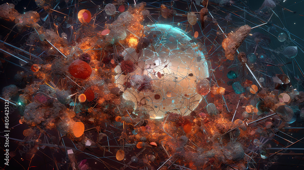 Poster abstract scientific concept with connected cells and particles. science microscopic background.