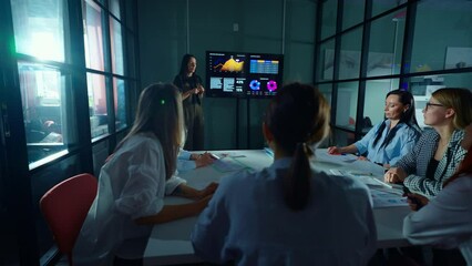 Businesswoman Presenting New Startup Project For Partners And Investors, Women Sitting In Boardroom