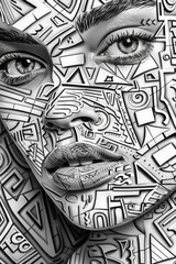 Close-up of a womans face adorned with detailed geometric designs in monochrome