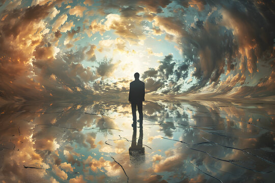 A surreal background with elements of narcissism and self-obsession, featuring distorted reflections and dreamlike illusions.