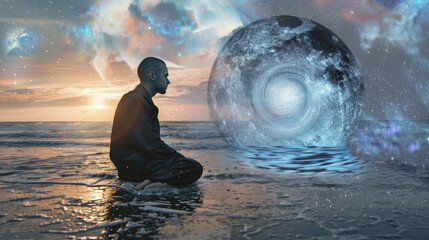 Obraz premium A serene scene of a man in meditation beside an ethereal cosmic portal on a tranquil beach
