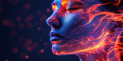 Side profile of a woman's face with fiery orange and blue light trails against a dark bokeh background, evoking energy and fantasy.