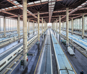 AVE trains, Atocha Railway Station, Madrid, Spain.