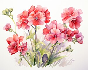 Delicate watercolor of Matthiola Incana and Primrose, soft reds with green leaves, symbolizing love, against a white background ,  high-detail texture