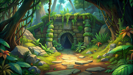 Dark jungle cave entrance cartoon