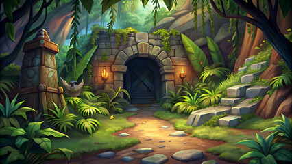Dark jungle cave entrance cartoon