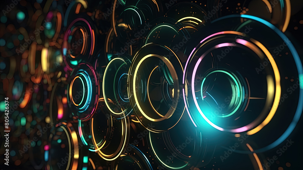 Poster Technology abstract background with hud styled round interface elements in neon tech light.