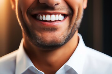 This image features a close-up of a man's broad, confident smile, highlighting his white teeth against a dark background. It symbolizes confidence and the positive outcomes of dental care and hygiene.