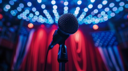 An evocative image of a microphone on an empty stage, bathed in vibrant stage lights with a backdrop of red curtains. Represents performance, speech, and anticipation in an entertainment setting.
