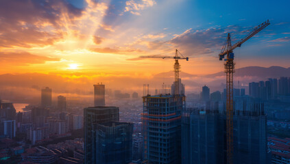 A crane is seen in the sky above a city at sunset. The sky is filled with clouds, and the sun is...