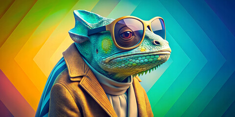 A stylish anthropomorphic chameleon wearing oversized round sunglasses stares into the distance. The chameleon wears a tasteful, textured brown blazer against a background of geometric patterns.AI gen