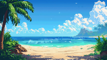 pixel art of sunny beach dungeon background battle scene in RPG old school retro 16 bits, 32 bits game style