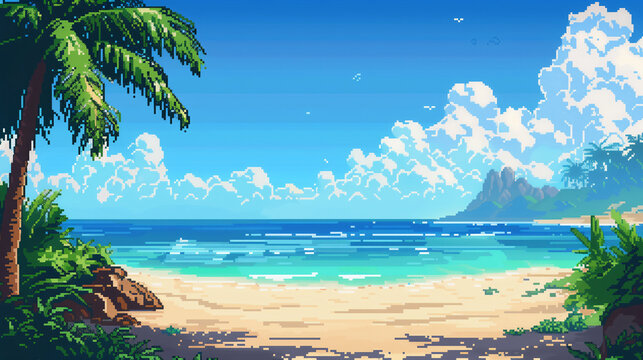 pixel art of sunny beach dungeon background battle scene in RPG old school retro 16 bits, 32 bits game style