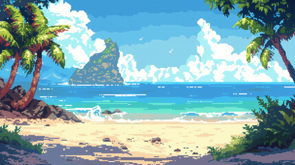 pixel art of sunny beach dungeon background battle scene in RPG old school retro 16 bits, 32 bits game style