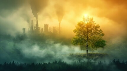 A green sprout makes its way through the ground against the backdrop of smoking factories. Concept of environmental pollution and environmental problems.