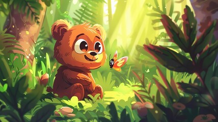 A cartoon illustration of a curious bear cub with a butterfly on its nose, in a lush meadow, The images are of high quality and clarity