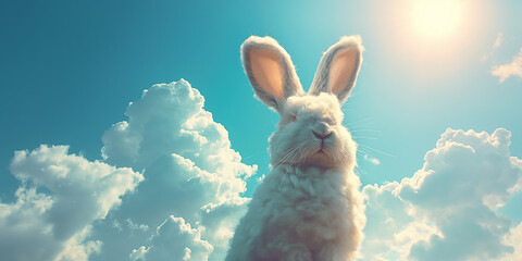 Cute fluffy white bunny rabbit in the clouds