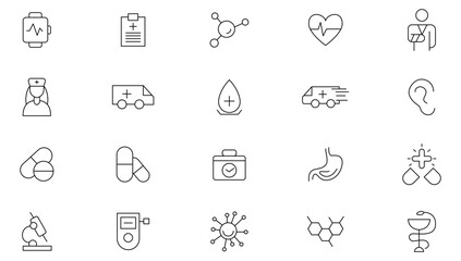 Medicine and Health Care line icons set. Healthcare, medical, medicine, check up, doctor, dentistry, pharmacy, lab, scientific discovery icons collection. Outline icon collection.