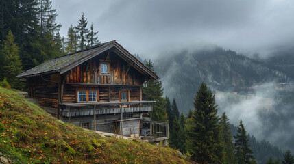 A wooden chalet on a mountain slope, surrounded by coniferous trees. The gloomy sky and the fog rolling through the valley below create a dramatic contrast between the house  - Powered by Adobe