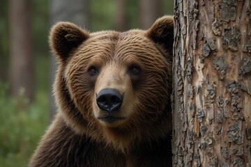 A brown bear looks out from behind a tree
