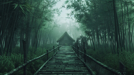 A wooden bridge leads to a hidden house within a thick bamboo grove. The overcast sky filters light...