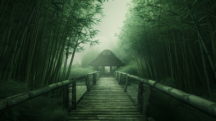 A wooden bridge leads to a hidden house within a thick bamboo grove. The overcast sky filters light through the dense canopy, casting the entire scene in a hue of green mystery  - Powered by Adobe