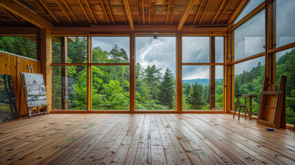 A wooden artist's studio, with large windows facing a forest. The natural light from the overcast sky floods the interior, 
