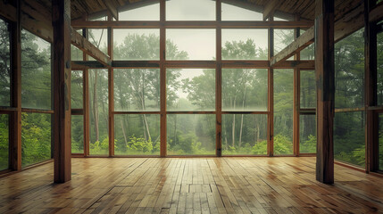 A wooden artist's studio, with large windows facing a forest. The natural light from the overcast sky floods the interior,