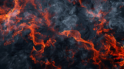 Smoke patterns mimicking the flow of molten lava, with fiery reds and oranges against a stark black canvas.