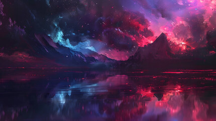 Fantasy landscape with mountains, lake and stars.