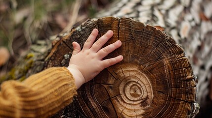 A child's hand touching a tree stump.