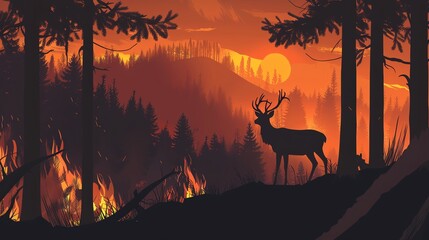A deer stands in a forest, silhouetted against a burning orange sky. The deer is unaware that it is in danger, as the fire approaches.