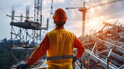 Fototapeta premium An Engineer Technician Overseeing a Team of Workers on a High Steel Platform of an Unfinished Construction Project