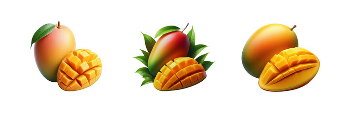 Set of illustration of one whole mango and one mango that has been cut, isolated over on transparent white background