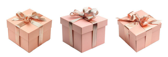 Three pink gift boxes with elegant bows, isolated on transparent.