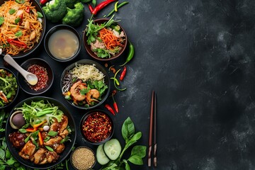 Asian cuisine with meat on a dark background in a restaurant, top view, copy space
