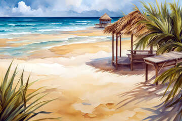 beach with palm trees watercolor