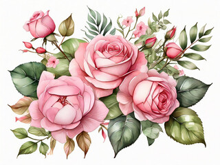 watercolor botanical illustration pink rose flowers tropical green leaves floral bouquet corner decoration isolated on white background