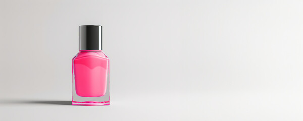 Bright pink nail polish bottle on clean background with ample co