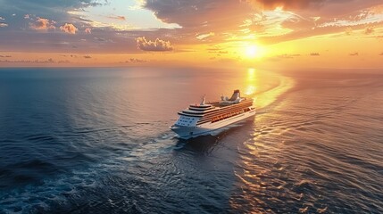 Naklejka premium A large cruise ship sails through the ocean at sunset, with vivid sky and sea colors.