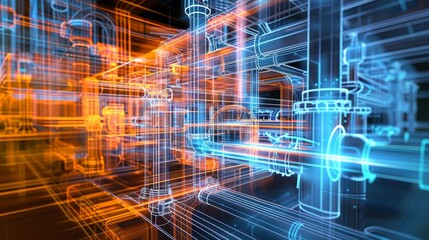 Innovative building piping systems designed with AI, manually refined to tailor to unique architectural needs, close-up