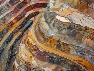 Intimate view of earth and rocks at an open pit mine, focusing on the details and colors of extracted minerals, close-up