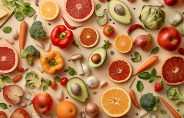 top views of a colorful assortment of fruits and vegetables, including oranges, carrots, and broccoli. Concept of abundance and freshness, showcasing the variety of healthy foods available
