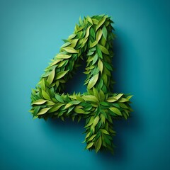 Creative Number Four Design Made from Dense Green Leaves on a Cool Blue Background