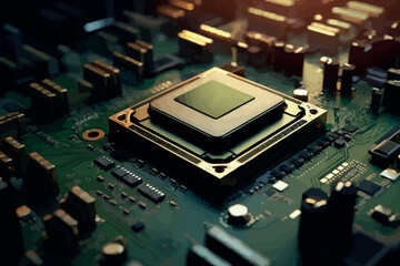 Electronic circuit board with processor, close up
