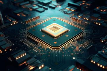 Electronic circuit board with processor, close up